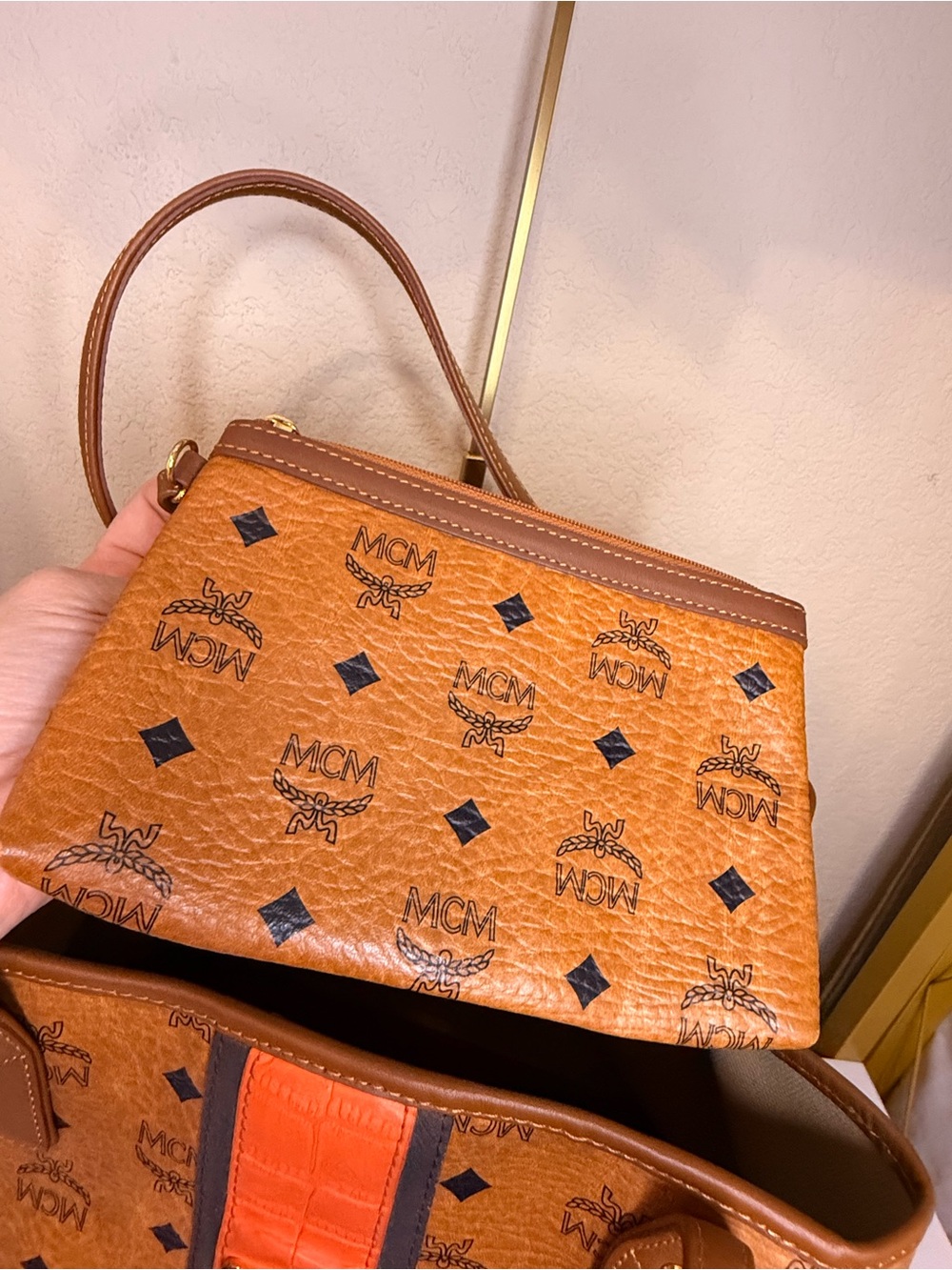 MCM Cognac Tote with Orange Center Stripe - Picture 4 of 16
